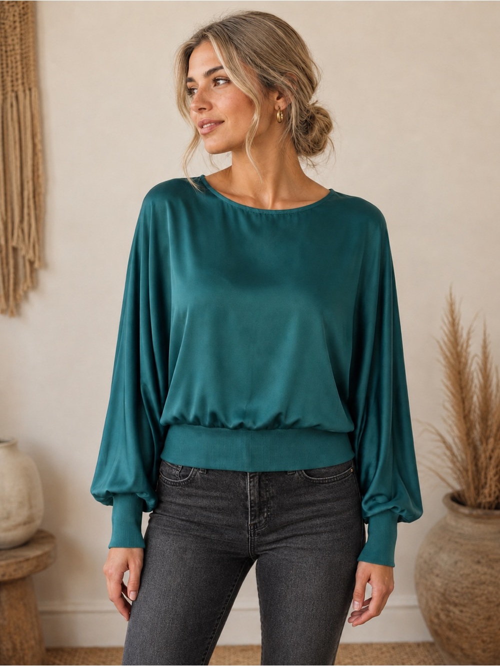 Satin Balloon Sleeve Blouse in Teal